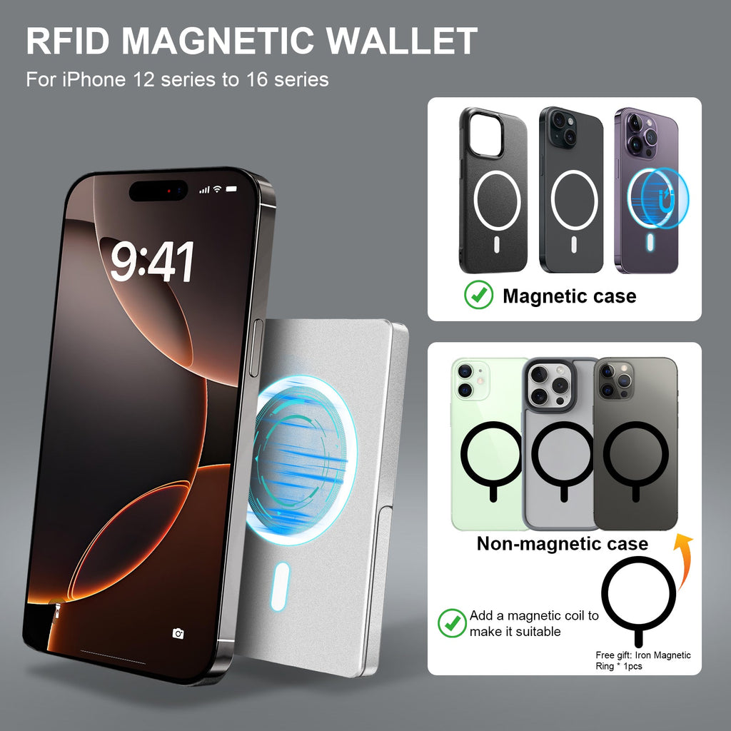 RFID Blocking Wallet – Slim Aluminum MagSafe Card Holder with Adjustable Stand