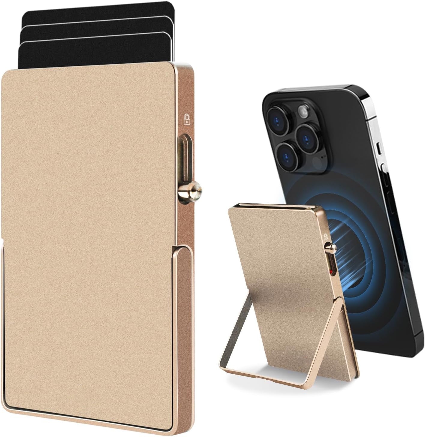 RFID Blocking Wallet – Slim Aluminum MagSafe Card Holder with Adjustable Stand