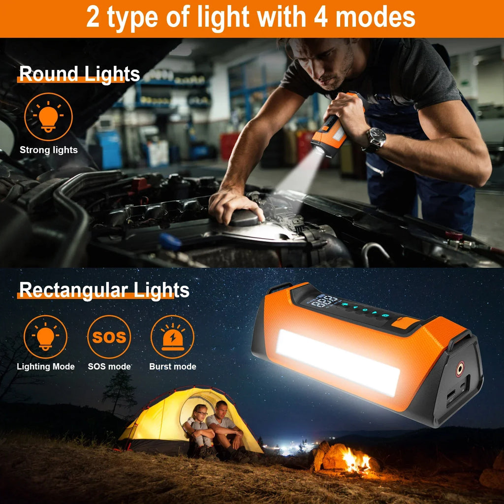 8000A Car Jump Starter & Air Compressor — 200 PSI, 30,000mAh, 800 Lumen LED