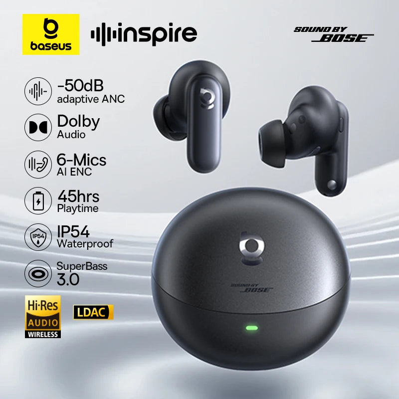 Baseus Inspire XP1 Adaptive ANC Wireless Earbuds Bluetooth 6.1 LDAC Hi-Res Dolby Audio 6 Mic ENC Wireless Earphone Sound by Bose