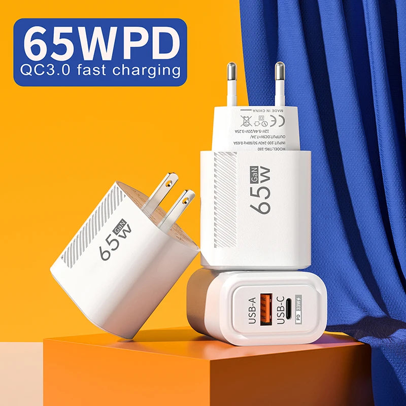 65W GaN USB-C Fast Charger — Travel Wall Adapter for iPhone, Samsung & Xiaomi
