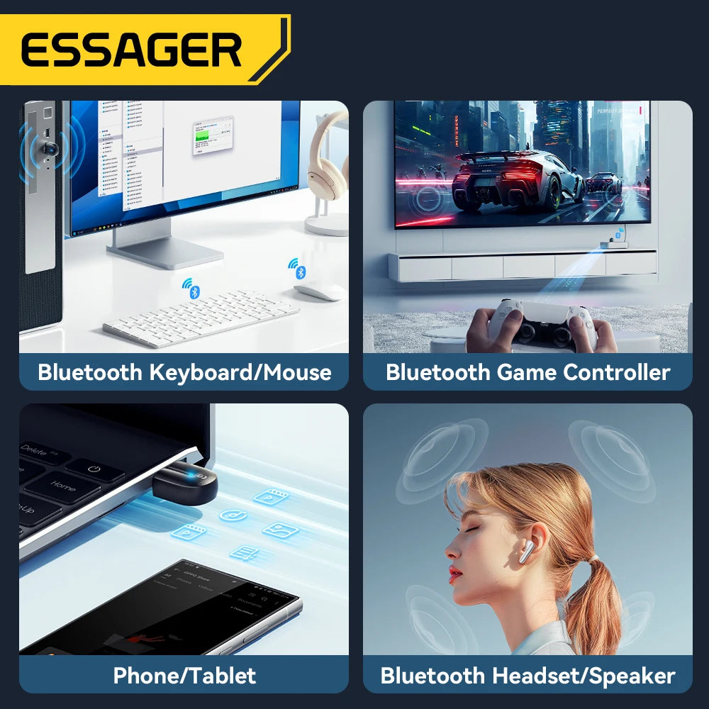 Essager USB Bluetooth Adapter Dongle Bluetooth 5.3 for PC Laptop Speaker Audio Receiver Wireless Mouse Keyboard USB Transmitter