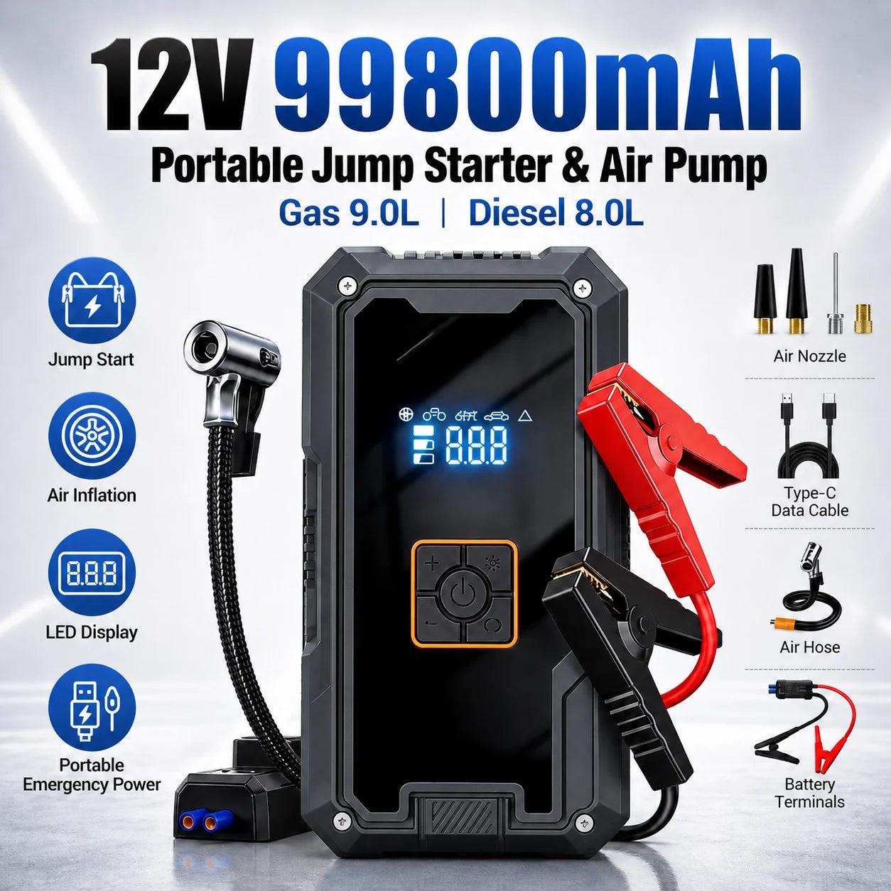 3000A Car Jump Starter & Air Compressor — 99,800mAh Power Bank + 150 PSI Pump
