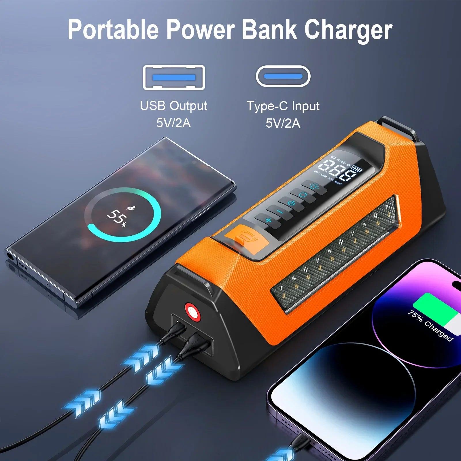 8000A Car Jump Starter & Air Compressor — 200 PSI, 30,000mAh, 800 Lumen LED