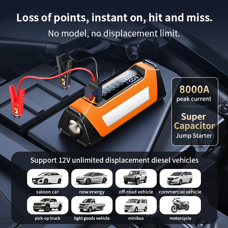 8000A Car Jump Starter & Air Compressor — 200 PSI, 30,000mAh, 800 Lumen LED