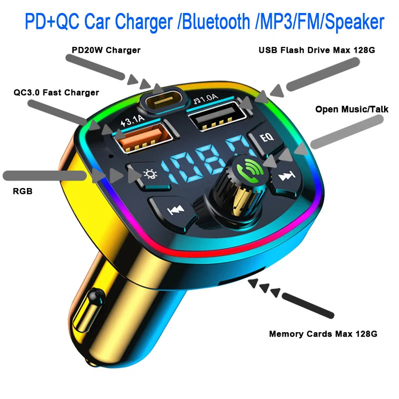 Bluetooth 5.0 FM Transmitter for Car — Dual USB, Hands-Free Mic & MP3 Player