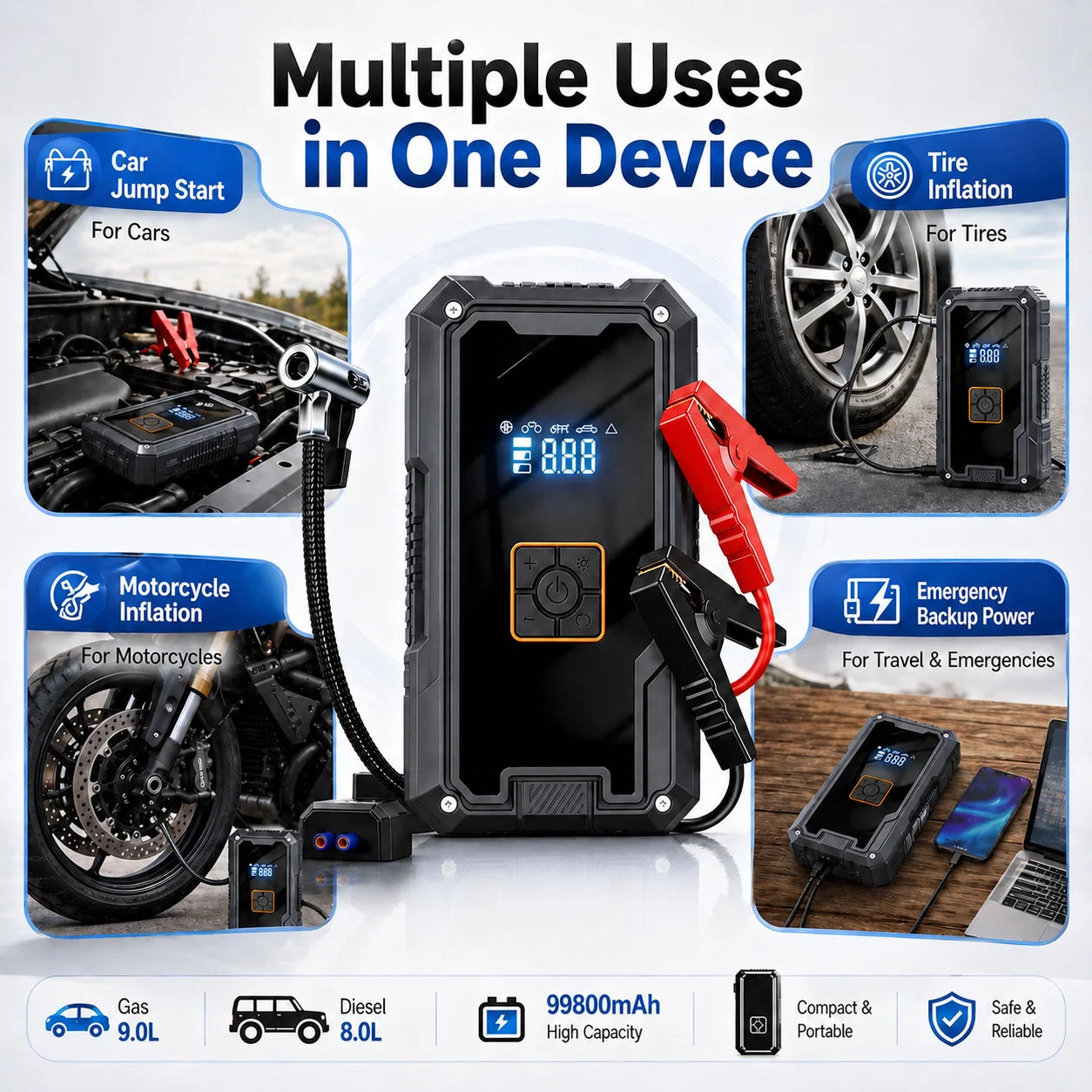 3000A Car Jump Starter & Air Compressor — 99,800mAh Power Bank + 150 PSI Pump