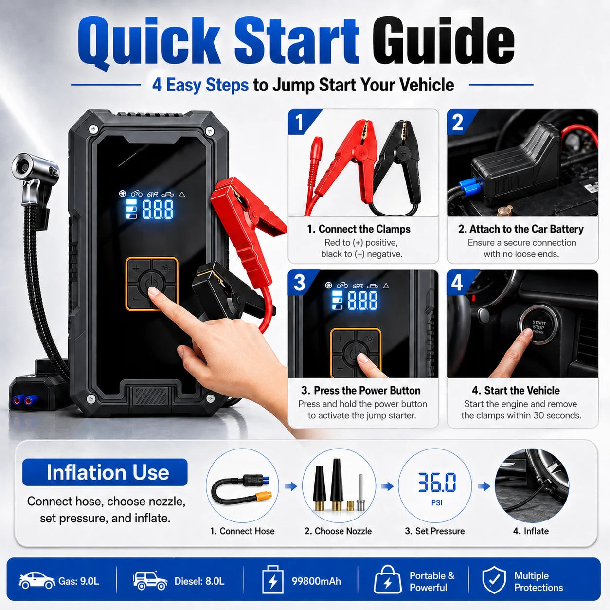 3000A Car Jump Starter & Air Compressor — 99,800mAh Power Bank + 150 PSI Pump
