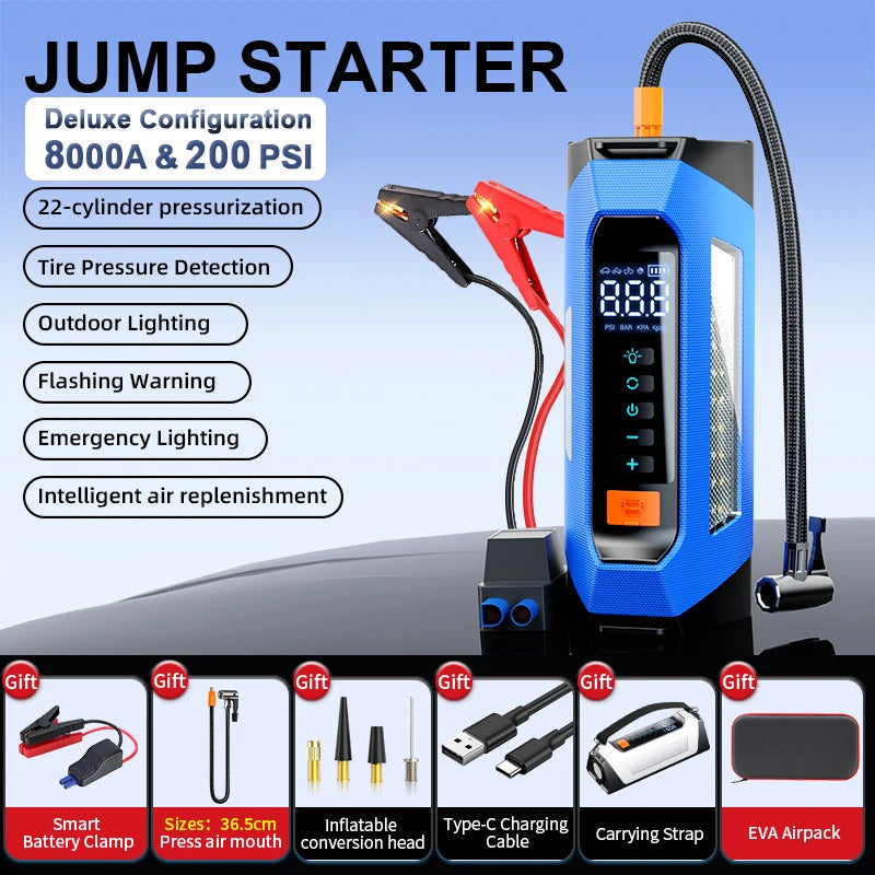 8000A Car Jump Starter & Air Compressor — 200 PSI, 30,000mAh, 800 Lumen LED