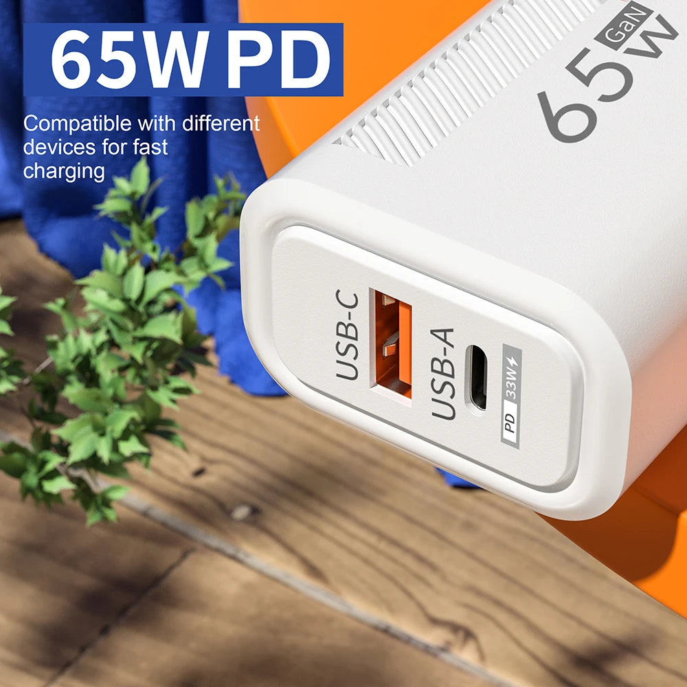 65W GaN USB-C Fast Charger — Travel Wall Adapter for iPhone, Samsung & Xiaomi